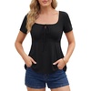 image:imageLYANER Womens Tie Front Square Neck Ruffle Ruched Short Sleeve Elegant Top ShirtBlack