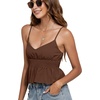 image:imageLYANER Womens V Neck Elastic Waist Pleated Ruffle Hem Sleeveless Strappy Crop Cami TopDark Brown