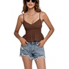 image:imageLYANER Womens V Neck Elastic Waist Pleated Ruffle Hem Sleeveless Strappy Crop Cami TopDark Brown