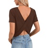image:imageLYANER Womens Backless Open Back Cut Out Tops Round Neck Short Sleeve Tee Casual Workout TShirtDeep Brown