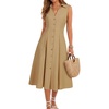 image:imageLYANER Womens Button Down Collared V Neck Sleeveless A Line Casual Beach Midi DressesKhaki