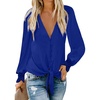 image:imageLYANER Womens Casual V Neck Long Sleeve Tie Front Knot Button Down Shirt Blouse Top Royal Blue Medium