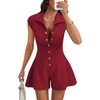 image:imageLYANER Womens Collared V Neck Button Down Cap Sleeve Sexy Rompers JumpsuitsBurgundy