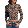 image:imageLYANER Womens Floral Mesh Long Sleeve Sheer Mock Neck Slim Fit Going Out Tee Crop TopsBrown Zebra Stripes