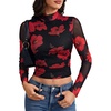 image:imageLYANER Womens Floral Mesh Long Sleeve Sheer Mock Neck Slim Fit Going Out Tee Crop TopsWine Red