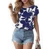 image:imageLYANER Womens Floral Print Boat Neck Short Sleeve Keyhole Back Business Casual BlouseBlue