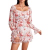 image:imageLYANER Womens Floral Print Off Shoulder Long Sleeve Ruffle Hem Romper Short JumpsuitFloral Pink