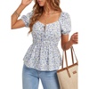 image:imageLYANER Womens Floral Square Neck Puff Short Sleeve Tie Front Ruched Ruffle Peplum Cute Blouse TopLight Blue