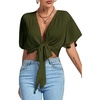 image:imageLYANER Womens Sexy Deep V Neck Tie Front Wrap Cropped Blouse Bell Short Sleeve Ruffle Crop TopsArmy Green