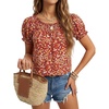 image:imageLYANER Womens Smocked Round Neck Ruched Ruffle Short Sleeve Loose Fit Boho Blouse TopsWine Red