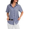 image:imageLYANER Womens Striped Collared V Neck Button Down Back Split Short Sleeve Casual Shirt TopsNavy Blue