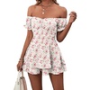 image:imageLYANER Womens Summer Off The Shoulder Wrap Tie Back Short Sleeve Ruffle Romper Dress Short JumpsuitFloral Pink