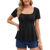 image:imageLYANER Womens Tie Front Square Neck Ruffle Ruched Short Sleeve Elegant Top ShirtBlack