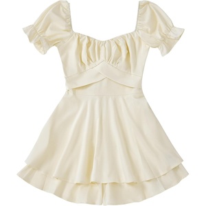 image:imageLYANER Girls Romper Sweetheart Bow Tie Back Short Sleeve Shorts JumpsuitBeige