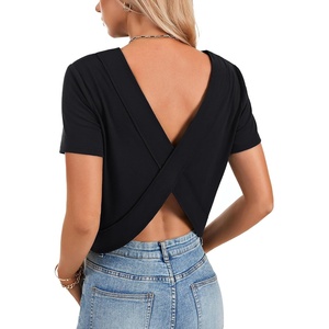 image:imageLYANER Womens Backless Open Back Cut Out Tops Round Neck Short Sleeve Tee Casual Workout TShirtBlack