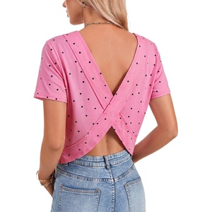 image:imageLYANER Womens Backless Open Back Cut Out Tops Round Neck Short Sleeve Tee Casual Workout TShirtBlack Polka Dots