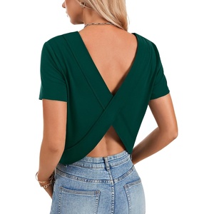 image:imageLYANER Womens Backless Open Back Cut Out Tops Round Neck Short Sleeve Tee Casual Workout TShirtDark Green