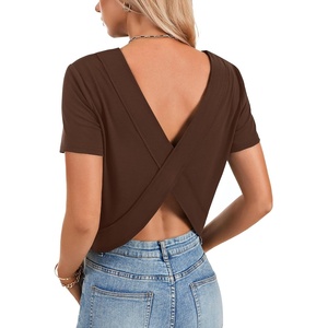 image:imageLYANER Womens Backless Open Back Cut Out Tops Round Neck Short Sleeve Tee Casual Workout TShirtDeep Brown