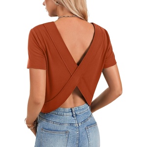image:imageLYANER Womens Backless Open Back Cut Out Tops Round Neck Short Sleeve Tee Casual Workout TShirtDeep Caramel