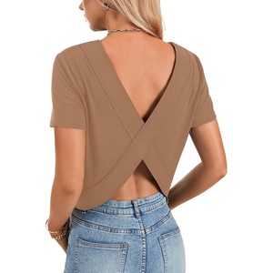 image:imageLYANER Womens Backless Open Back Cut Out Tops Round Neck Short Sleeve Tee Casual Workout TShirtDeep Khaki