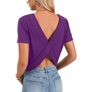 image:imageLYANER Womens Backless Open Back Cut Out Tops Round Neck Short Sleeve Tee Casual Workout TShirtDeep Purple