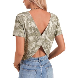 image:imageLYANER Womens Backless Open Back Cut Out Tops Round Neck Short Sleeve Tee Casual Workout TShirtLight Gray Branches