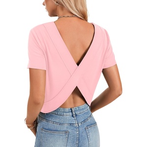 image:imageLYANER Womens Backless Open Back Cut Out Tops Round Neck Short Sleeve Tee Casual Workout TShirtLight Pink