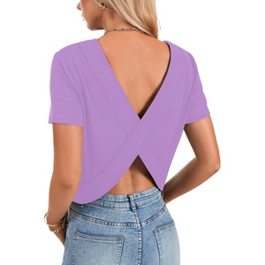 image:imageLYANER Womens Backless Open Back Cut Out Tops Round Neck Short Sleeve Tee Casual Workout TShirtLight Purple