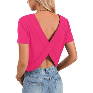 image:imageLYANER Womens Backless Open Back Cut Out Tops Round Neck Short Sleeve Tee Casual Workout TShirtRose Red