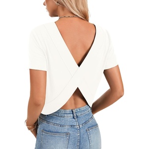 image:imageLYANER Womens Backless Open Back Cut Out Tops Round Neck Short Sleeve Tee Casual Workout TShirtWhite