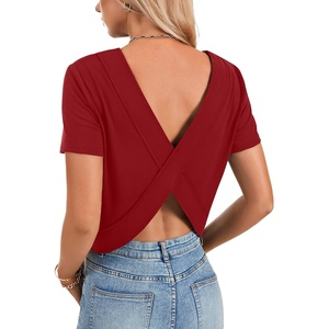 image:imageLYANER Womens Backless Open Back Cut Out Tops Round Neck Short Sleeve Tee Casual Workout TShirtWine Red