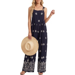 image:imageLYANER Womens Boho Floral Button Baggy Wide Leg Casual Romper Jumpsuits with PocketsNavy Blue
