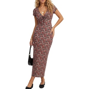 image:imageLYANER Womens Boho Floral Print Deep V Neck Short Sleeve Bodycon Cocktail Party Long DressRed