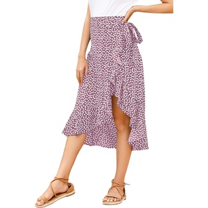 image:imageLYANER Womens Boho Floral Print Wrap Front Self Tie Knot Ruffle Hem Split Midi SkirtPink