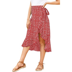 image:imageLYANER Womens Boho Floral Print Wrap Front Self Tie Knot Ruffle Hem Split Midi SkirtRed