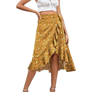 image:imageLYANER Womens Boho Floral Print Wrap Front Self Tie Knot Ruffle Hem Split Midi SkirtZipper Ginger
