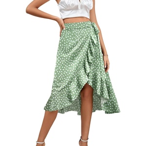 image:imageLYANER Womens Boho Floral Print Wrap Front Self Tie Knot Ruffle Hem Split Midi SkirtZipper Mint Green