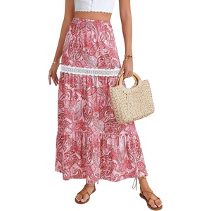 image:imageLYANER Womens Boho Floral Printed Elastic High Waist Ruffle Tiered Flowy ALine Maxi SkirtPink