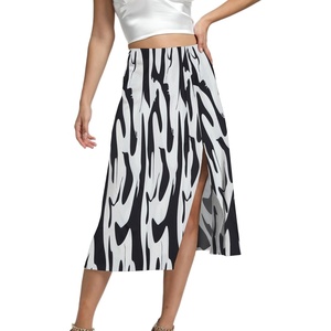 image:imageLYANER Womens Casual Boho Printed High Waist Side Split Hem Zipper Midi SkirtBlack on White