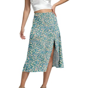 image:imageLYANER Womens Casual Boho Printed High Waist Side Split Hem Zipper Midi SkirtFlower Pure Green