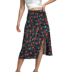 image:imageLYANER Womens Casual Boho Printed High Waist Side Split Hem Zipper Midi SkirtRed Flower on Black