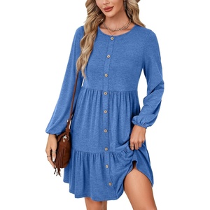 image:imageLYANER Womens Casual Long Sleeve Dress Crewneck Button Long Sleeve Tiered Flowy ALine Mini DressRoyal Blue