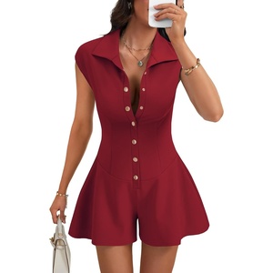 image:imageLYANER Womens Collared V Neck Button Down Cap Sleeve Sexy Rompers JumpsuitsBurgundy