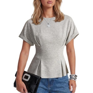 image:imageLYANER Womens Crew Neck Raglan Short Sleeve Pleated Peplum Dressy Casual Blouse TopsLight Gray