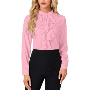 image:imageLYANER Womens Dressy Mock Neck Blouse Tops Ruffle Front Long Sleeve Button Down Work ShirtPink