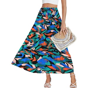 image:imageLYANER Womens Elastic High Waisted Ruched Tiered Ruffle Hem Long Skirt with PocketsRoyal Blue Print