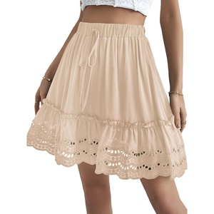 image:imageLYANER Womens Elastic Waist Self Tie Pullover Scallop Hem Pleated Casual Mini SkirtBeige