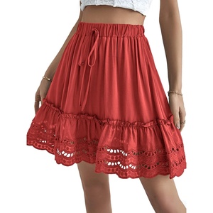 image:imageLYANER Womens Elastic Waist Self Tie Pullover Scallop Hem Pleated Casual Mini SkirtRed