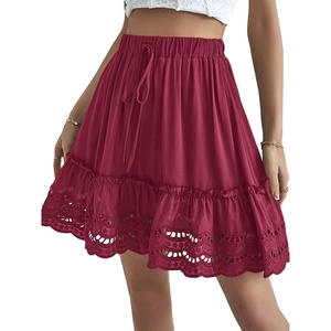 image:imageLYANER Womens Elastic Waist Self Tie Pullover Scallop Hem Pleated Casual Mini SkirtRose Red