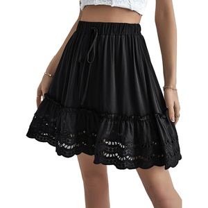 image:imageLYANER Womens Elastic Waist Self Tie Pullover Scallop Hem Pleated Casual Mini SkirtSolid Black